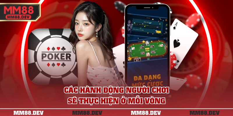 Luật Chơi Poker Chi Tiết Cho Người Mới Bắt Đầu Từ A-Z 4 Các hành động người chơi sẽ thực hiện ở mỗi vòng